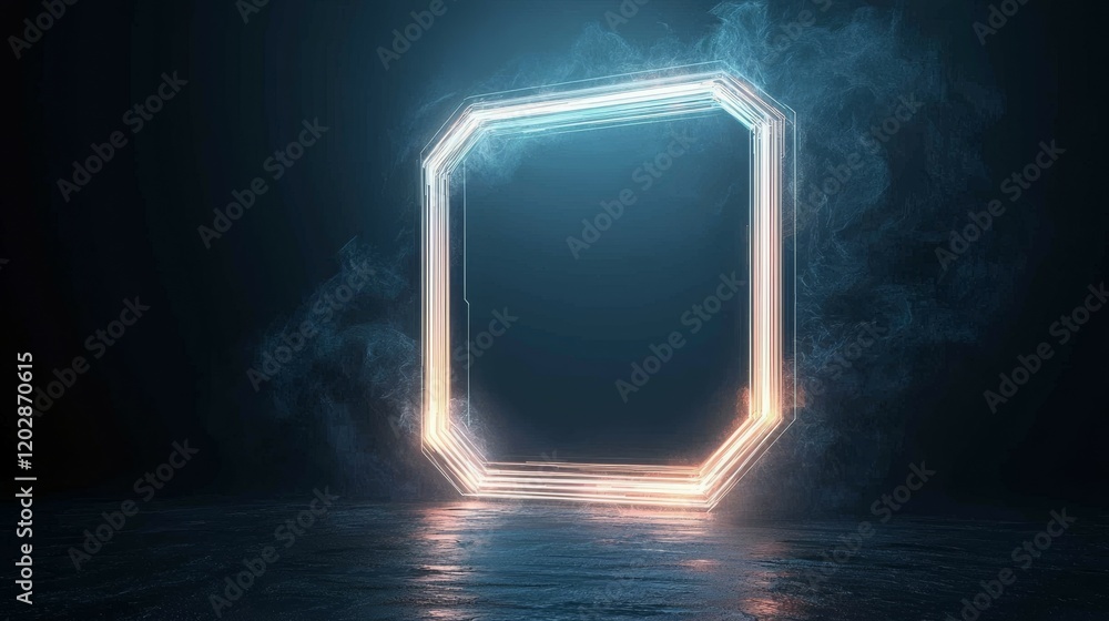 Poster a glowing octagonal frame surrounded by mist, creating a futuristic atmosphere.