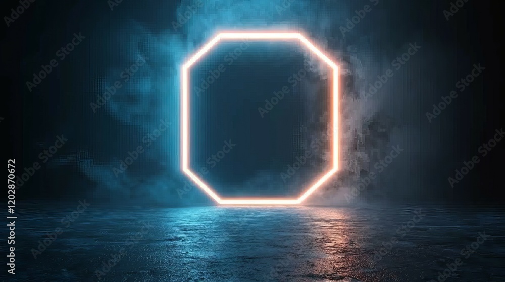 Aufkleber a glowing octagonal frame surrounded by mist in a dark environment.