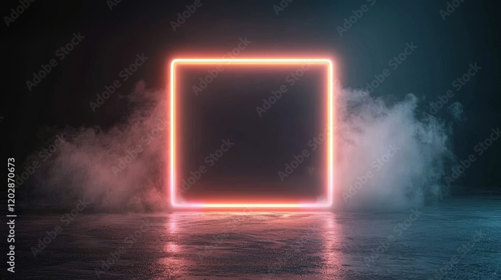 Poster a glowing neon square frame surrounded by mist on a reflective surface.