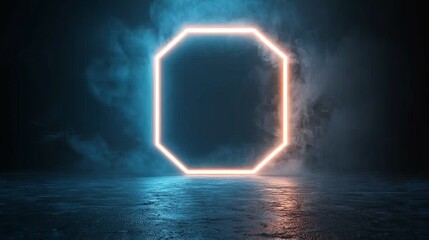A glowing octagonal frame surrounded by mist in a dark environment.