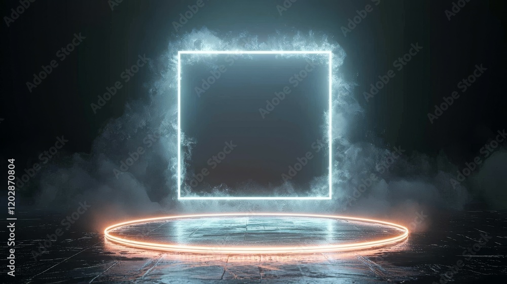 Aufkleber a glowing square frame surrounded by smoke on a circular platform, creating a mystical atmosphere.