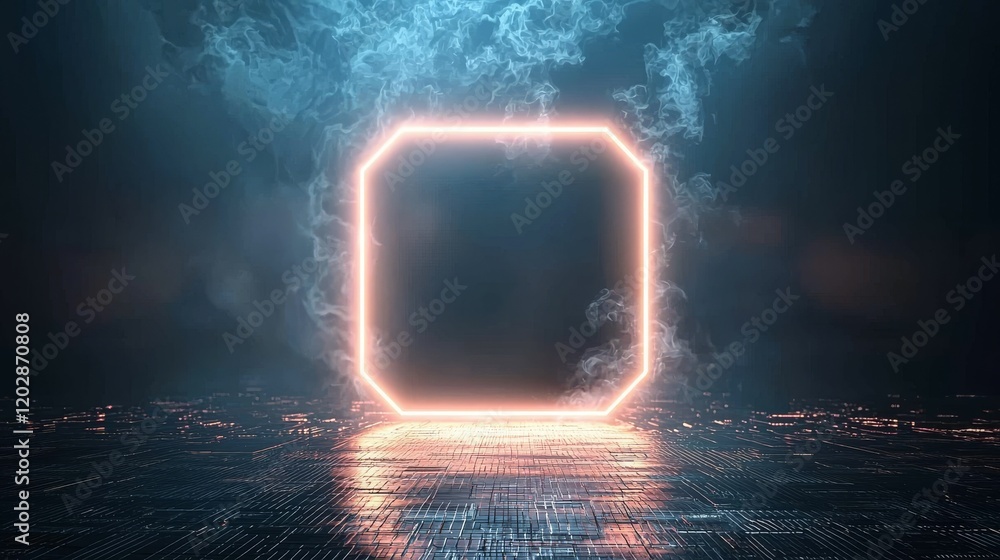 Poster a glowing octagonal frame surrounded by mist, set against a futuristic backdrop.