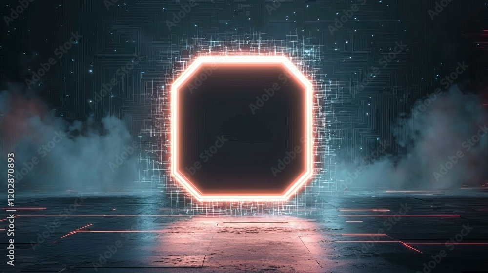 Poster a glowing octagonal portal in a futuristic setting, surrounded by digital effects and mist.