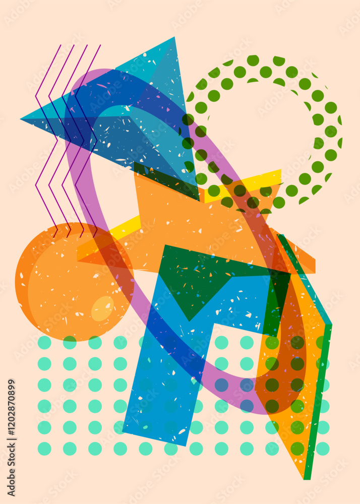 Poster colorful geometric shapes. object in trendy riso graph design. geometry elements abstract risograph 
