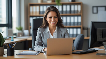 Fototapeta premium A Smiling Confident Business woman Working on Laptop in Modern Office Room
