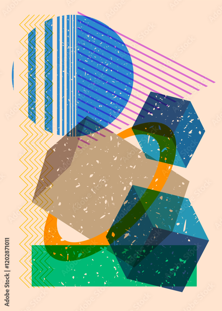 Poster colorful geometric shapes. object in trendy riso graph design. geometry elements abstract risograph 