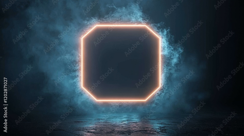 Poster a glowing octagonal frame surrounded by mist, creating a mystical atmosphere.