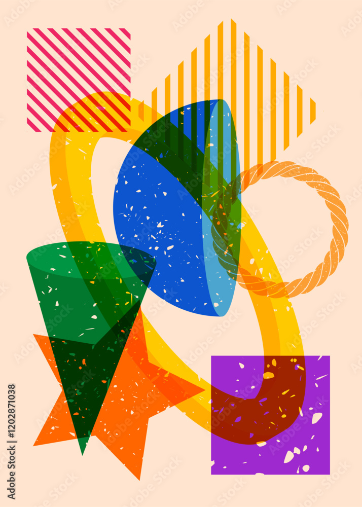 Poster colorful geometric shapes. object in trendy riso graph design. geometry elements abstract risograph 