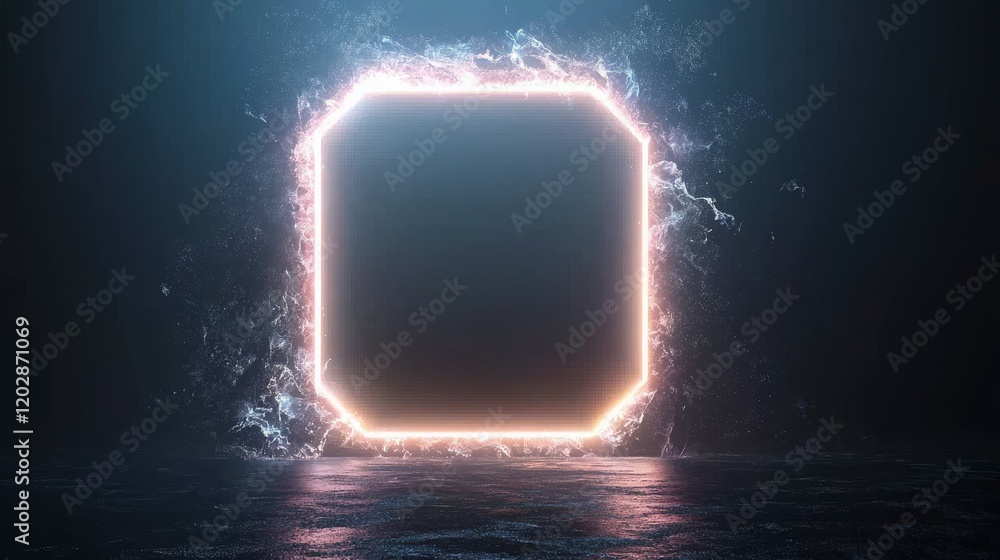 Aufkleber a glowing octagonal portal surrounded by mist and light in a dark environment.
