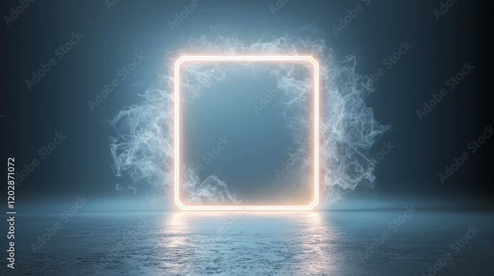 Poster a glowing rectangular frame surrounded by ethereal smoke in a dark environment.
