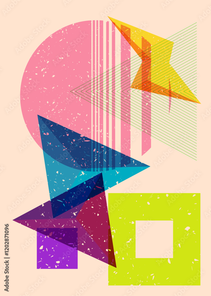 Poster colorful geometric shapes. object in trendy riso graph design. geometry elements abstract risograph 