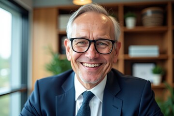 Fototapeta premium Professional Middle-Aged Businessman with Glasses Smiling in Modern Office Setting, Showcasing Confidence and Approachability for Business Concepts