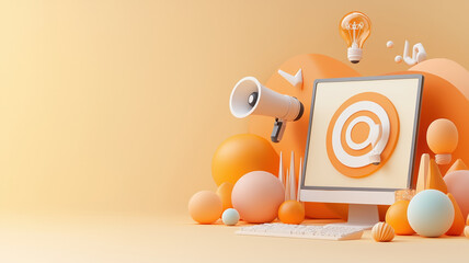 3D business strategy concept with computer, target, and creative elements, showcasing innovation and marketing ideas