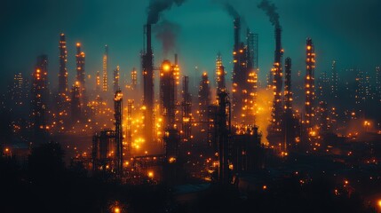 Fototapeta premium A sprawling industrial complex illuminated at night, showcasing smokestacks and glowing lights.