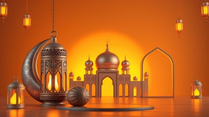 Obraz premium A 3D rendered Islamic Ramadan background with a warm golden glow.Arabic lantern, a metallic moon, and a mosque portal. Modern style with a luxurious 