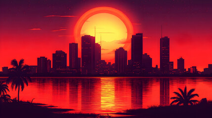 Obraz premium Red sunset cityscape waterfront palm trees