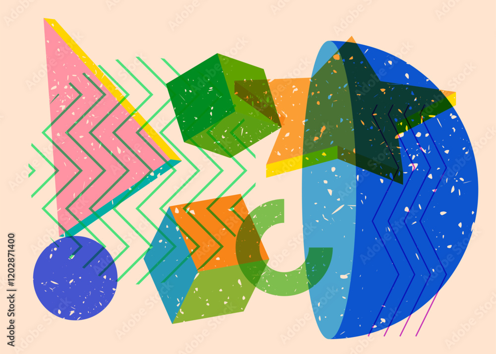 Poster colorful geometric shapes. object in trendy riso graph design. geometry elements abstract risograph 