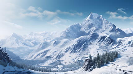 Obraz premium Realistic Snowy Mountain Landscape with Smooth Snow Textures,Snowy Mountain Landscape on White Background,Snowy Mountain Landscape Isolated, blue sky,Majestic mountain range triptych,Generative Ai