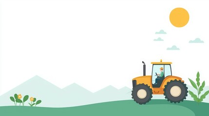 A cartoon-style tractor on a landscape with plants and a sun.
