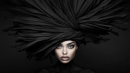 Woman with dramatic black hair, fashion portrait, dark background, artistic style, for editorial or beauty use