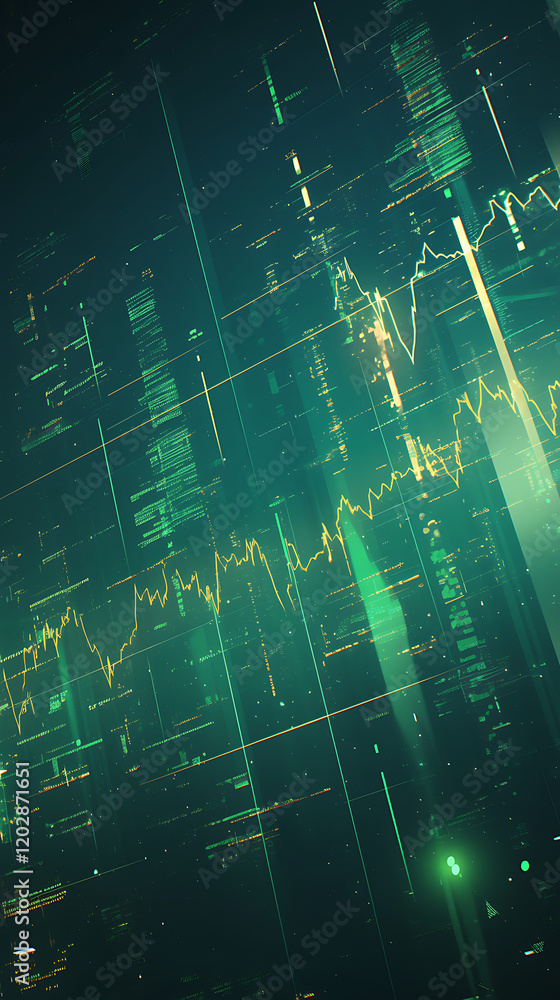 Poster abstract financial data visualization with green and yellow lines representing market trends and ana