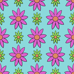 Blue seamless background with a large pink flower and small green flowers.