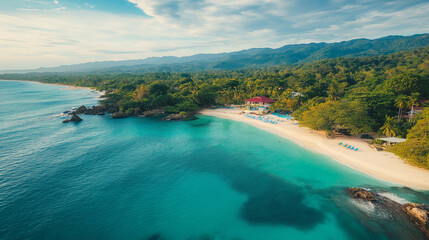 Obraz premium Tropical Sandy Beach with Soft Blue Ocean Waves and Clear Water