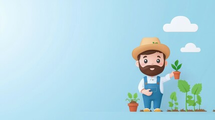 A cartoon farmer holding a plant in a pot, surrounded by growing plants and clouds.