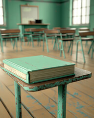 unique classroom scene featuring green book on desk, surrounded by empty chairs, evokes sense of nostalgia and learning