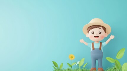 Obraz premium A cheerful cartoon boy in a straw hat stands in a green field with flowers against a blue background.