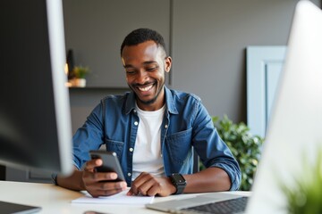 Young Man Texting on Smartphone at Modern Office Desk with Laptops and Notepad, Smiling and Engaged in Work or Personal Communication