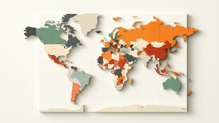 Contemporary world map featuring bold colors and unique shapes, showcasing geographical regions and countries