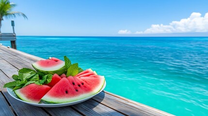 Refreshing watermelon slices on a dock overlooking a turquoise ocean.