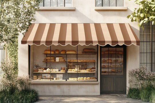 Curved shop awning mockup on a vintage bakery storefront.