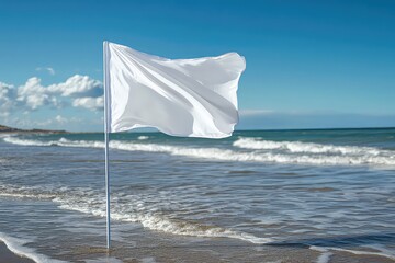 Customizable rectangular flag mockup set on a beach with gentle ocean waves in the background.