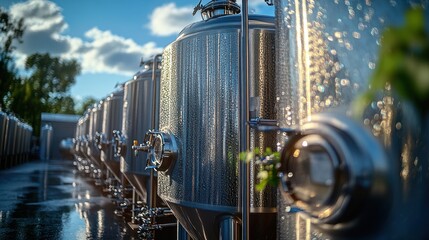 Rows of gleaming fermentation tanks glistening after rain in a vineyard setting