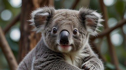 Fototapeta premium A close-up of a koala with soft gray fur and large round ears, set against a blurred green background, exuding curiosity and playfulness.