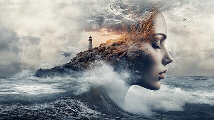 Surreal Woman s Face Merged with Ocean Waves Lighthouse and Rocky Coastline