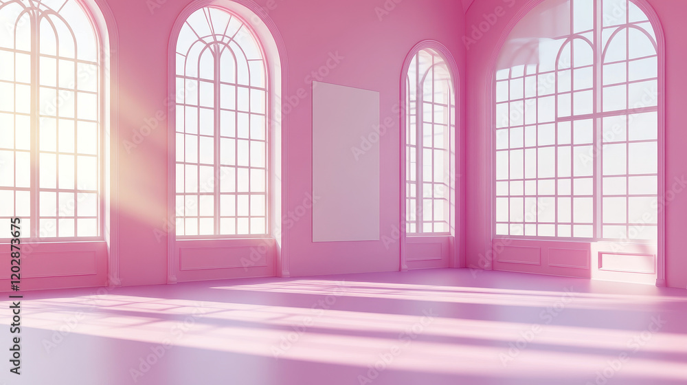 Poster 3d render of a dance studio with three large windows in soft pastel colors, sunlight shining through