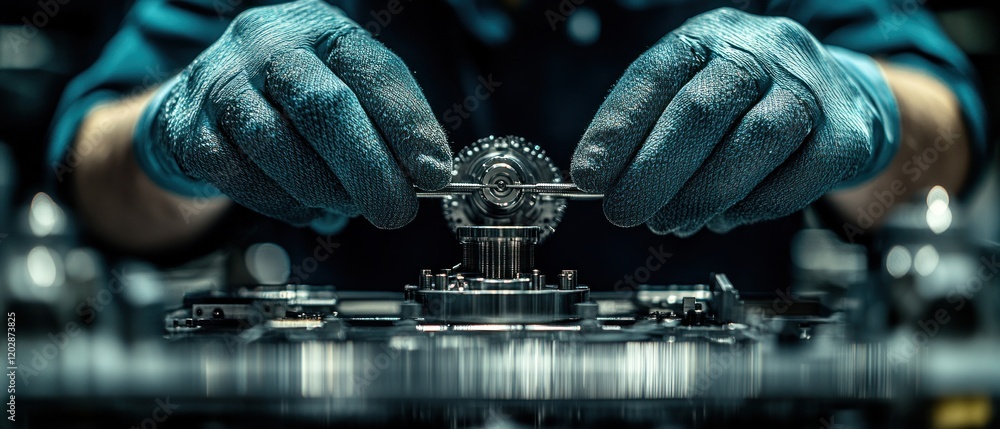Poster close-up of hands assembling intricate mechanical components in a workshop