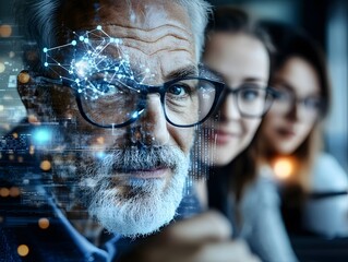 Portrait of a senior professional with holographic digital interface overlay, accompanied by colleagues in a modern office setting