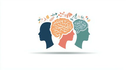 Silhouettes of three heads with brains, surrounded by leaves, symbolizing mental wellness and growth.