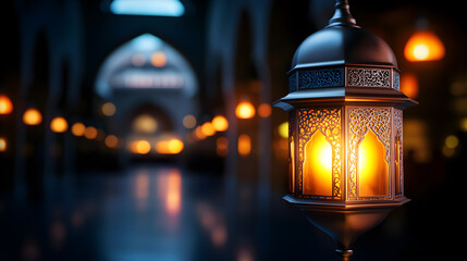 A lantern with a light inside of it is lit up in a dark room