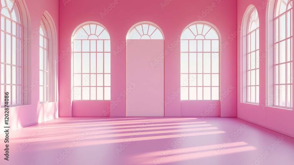 Poster 3d render of a dance studio with three large windows in soft pastel colors, sunlight shining through