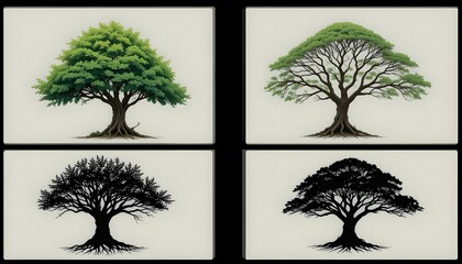  background image of three stylized trees. The leftmost tree has a round, bushy crown with dense green foliage