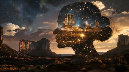 Woman Silhouette Starry Night Sky Monument Valley Landscape Cosmic Connection Surreal Art