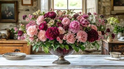 Fototapeta premium Luxurious pink and burgundy flower arrangement in antique vase, rustic interior. Wedding, event decor