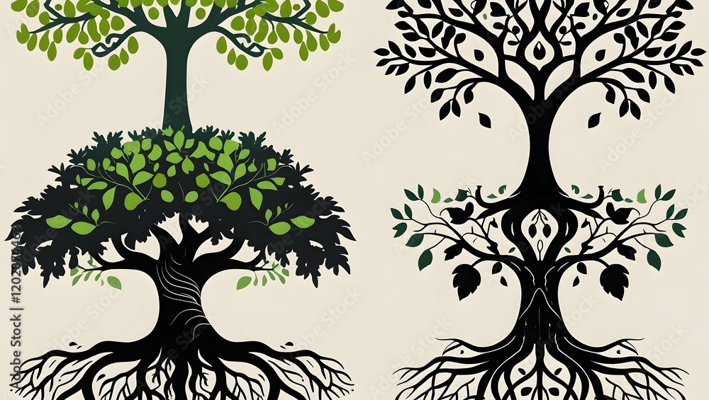 Aufkleber a transparent background image of three stylized trees. the leftmost tree has a round, bushy crown w