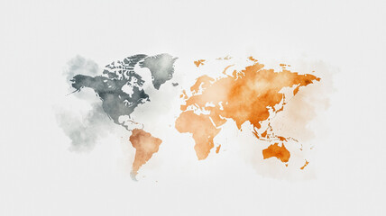 Colorful world map illustration with watercolor effect, showcasing continents in shades of orange and gray