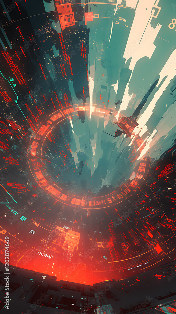 Poster abstract digital vortex with vibrant red and teal colors, creating a sense of depth and motion